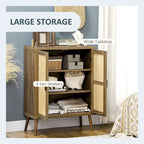 Houten dressoir-buffetkast met rotandeuren en planken met 3 niveaus