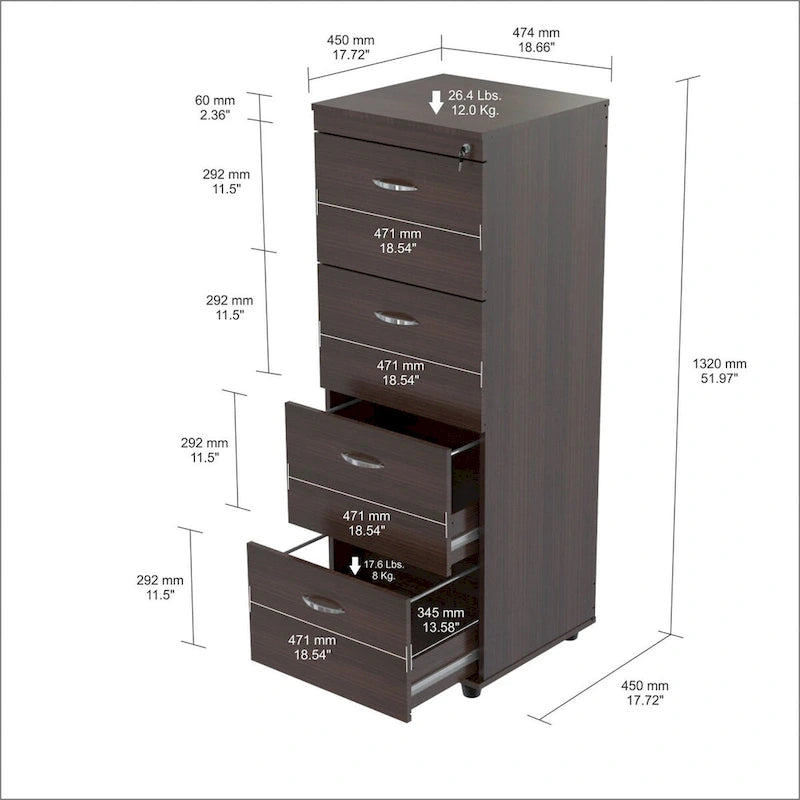Espresso Melamine and Engineered Wood File Cabinet with 4 Drawers
