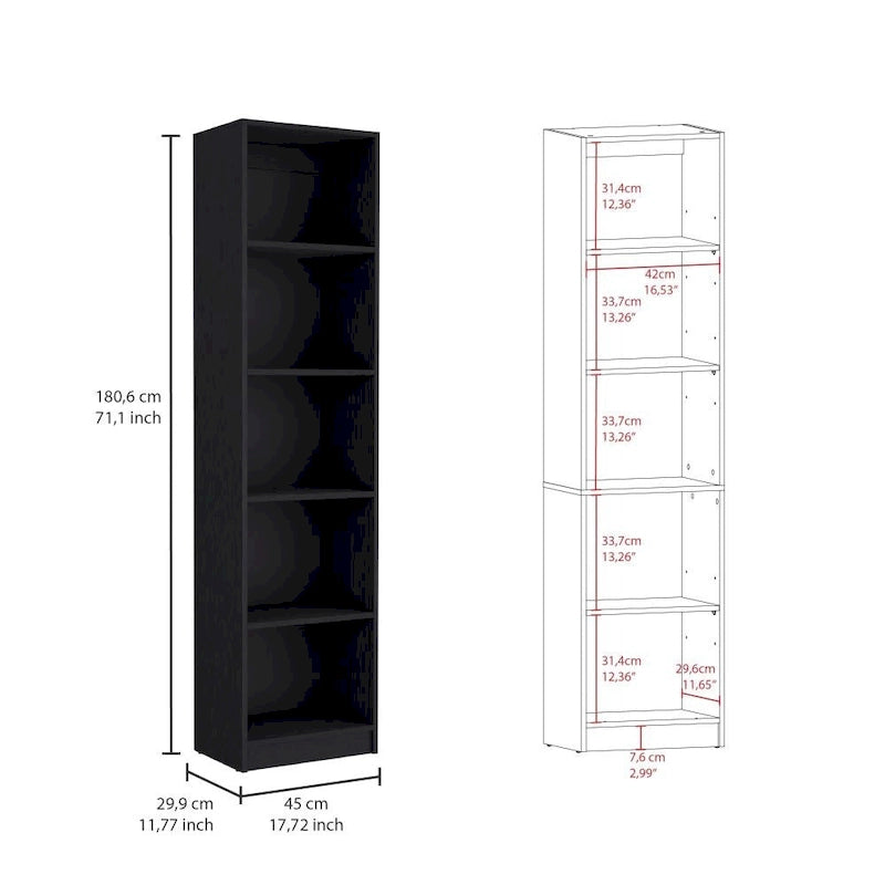 Bookcase with 5-Tier Shelves and Slim Design -Black -Office