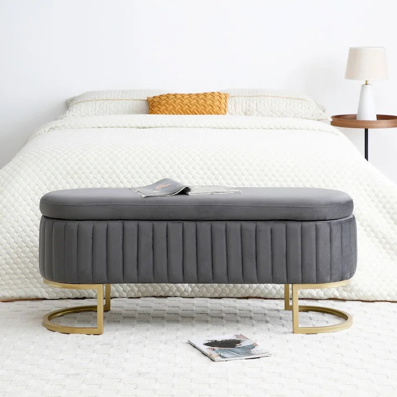 Storage Bench Bedroom Bench,Velvet Oval Upholstered End of Bed Bench with Golden Metal Legs,50 Storage Ottoman Bench