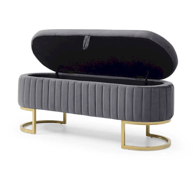 Storage Bench Bedroom Bench,Velvet Oval Upholstered End of Bed Bench with Golden Metal Legs,50 Storage Ottoman Bench
