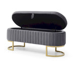 Banc de rangement, banc de chambre, banc rembourré ovale en velours pour bout de lit avec pieds en métal doré, pouf de rangement de 50