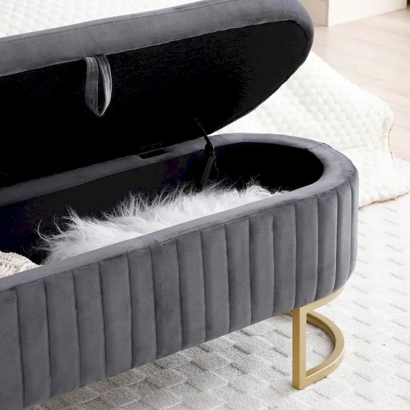 Storage Bench Bedroom Bench,Velvet Oval Upholstered End of Bed Bench with Golden Metal Legs,50 Storage Ottoman Bench