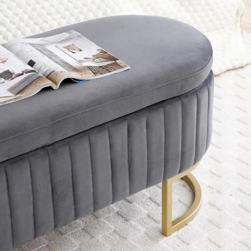 Storage Bench Bedroom Bench,Velvet Oval Upholstered End of Bed Bench with Golden Metal Legs,50 Storage Ottoman Bench