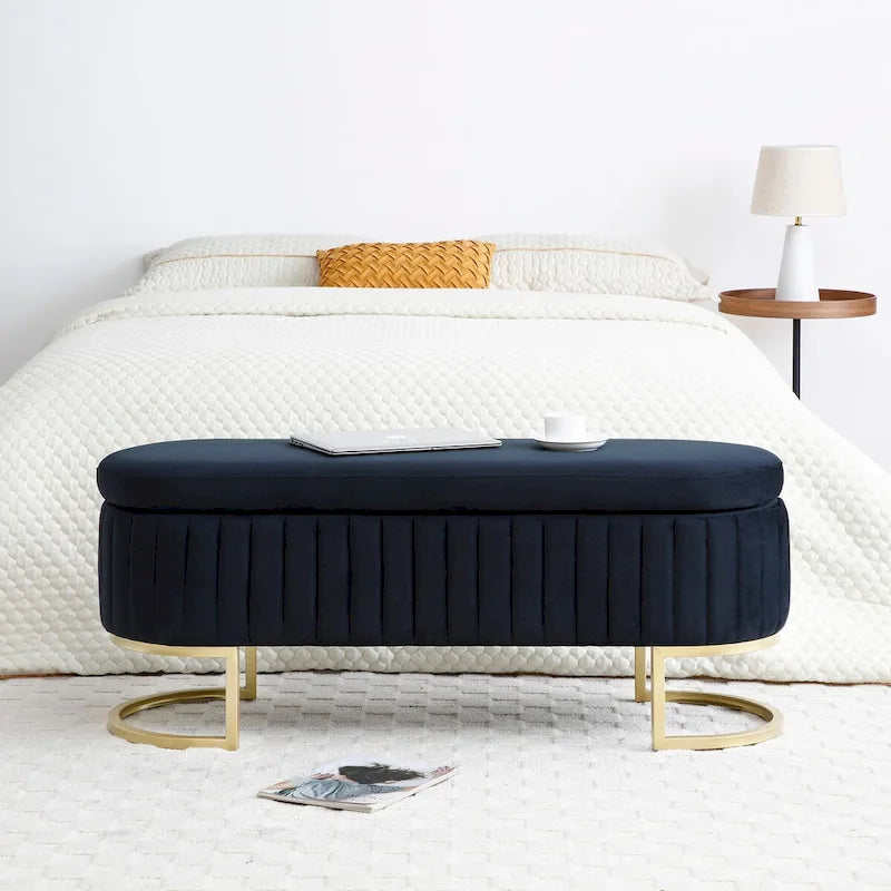 Storage Bench Bedroom Bench,Velvet Oval Upholstered End of Bed Bench with Golden Metal Legs,50 Storage Ottoman Bench