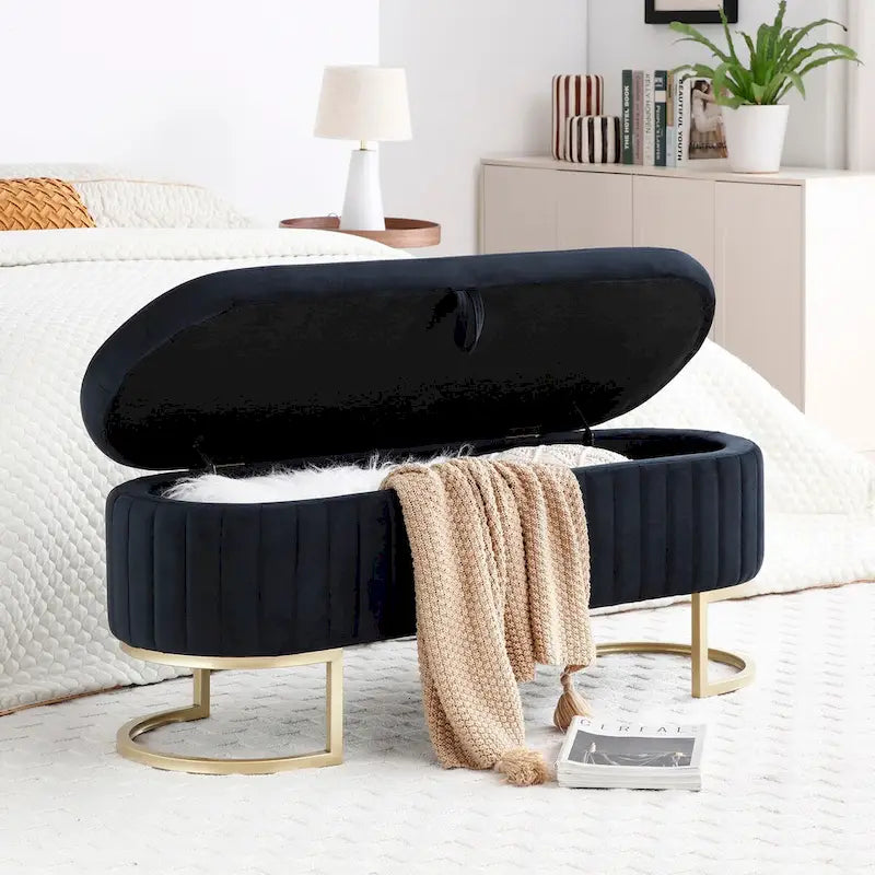 Storage Bench Bedroom Bench,Velvet Oval Upholstered End of Bed Bench with Golden Metal Legs,50 Storage Ottoman Bench