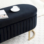 Banc de rangement, banc de chambre, banc rembourré ovale en velours pour bout de lit avec pieds en métal doré, pouf de rangement de 50