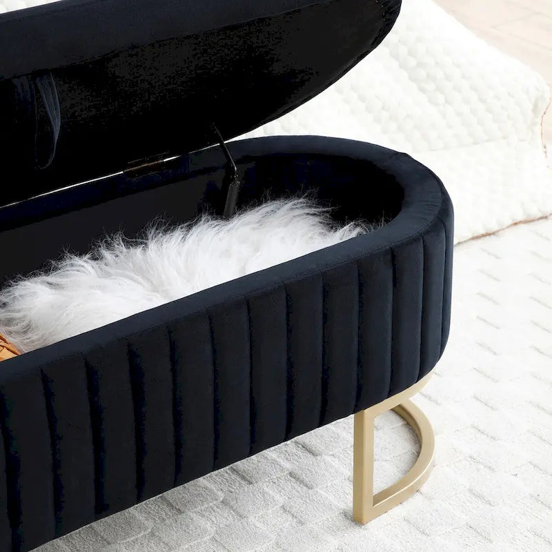 Storage Bench Bedroom Bench,Velvet Oval Upholstered End of Bed Bench with Golden Metal Legs,50 Storage Ottoman Bench