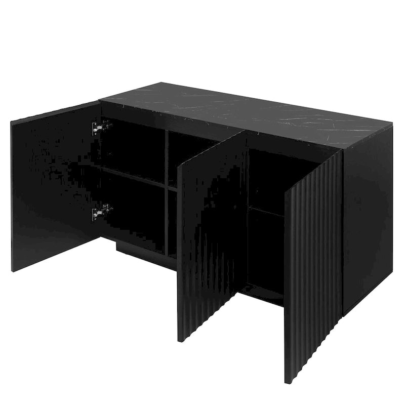 LED Carved Line 3 Door Storage Cabinet,Sideboard Buffet Cabinet With Adjustable Shelf,Large Storage Accent Cabinet