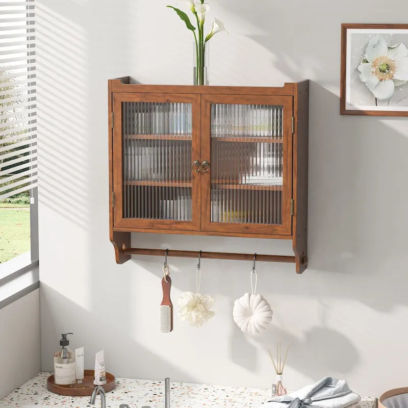 Vintage Glass Door Wall Cabinet with Double Doors, Three-Tier Storage, and Towel Rack
