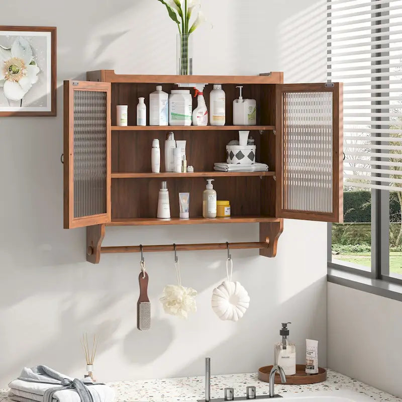 Vintage Glass Door Wall Cabinet with Double Doors, Three-Tier Storage, and Towel Rack
