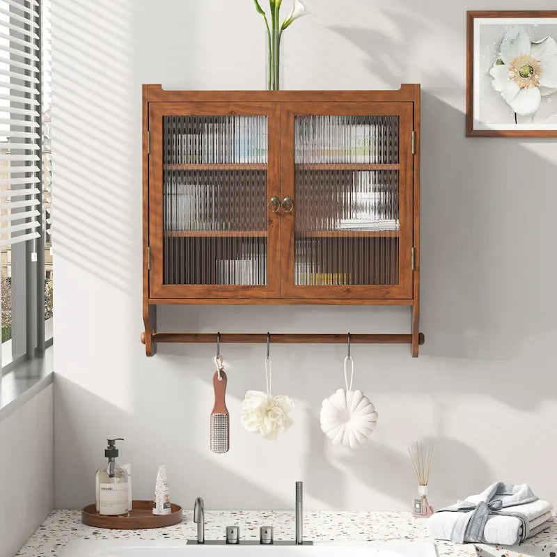 Vintage Glass Door Wall Cabinet with Double Doors, Three-Tier Storage, and Towel Rack