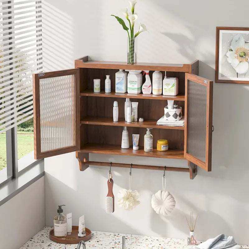 Vintage Glass Door Wall Cabinet with Double Doors, Three-Tier Storage, and Towel Rack