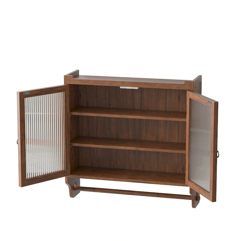 Vintage Glass Door Wall Cabinet with Double Doors, Three-Tier Storage, and Towel Rack